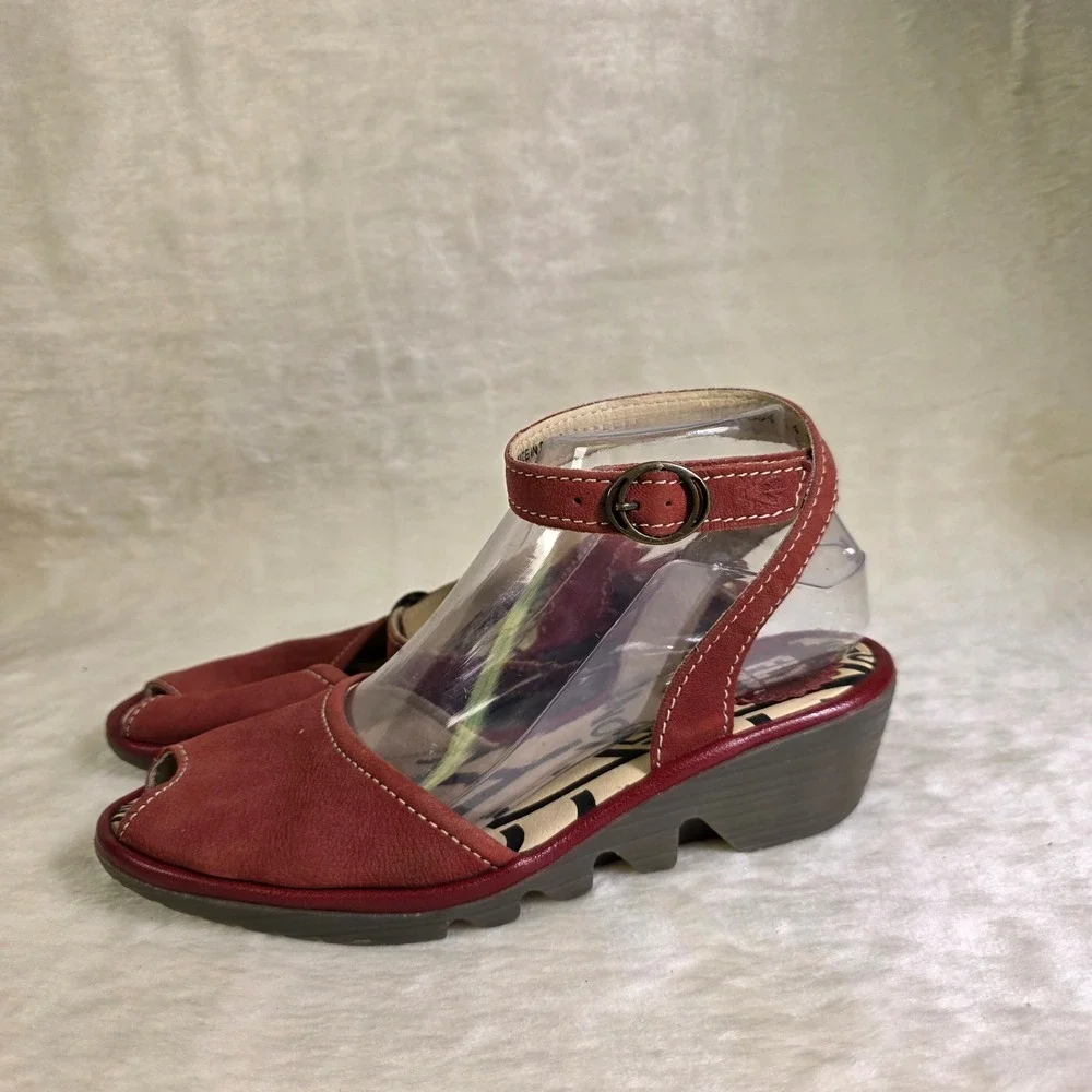 Fly London Yala Wedge Sandals Red Leather Peep Toe Ankle Strap Womens 37 6 6.5